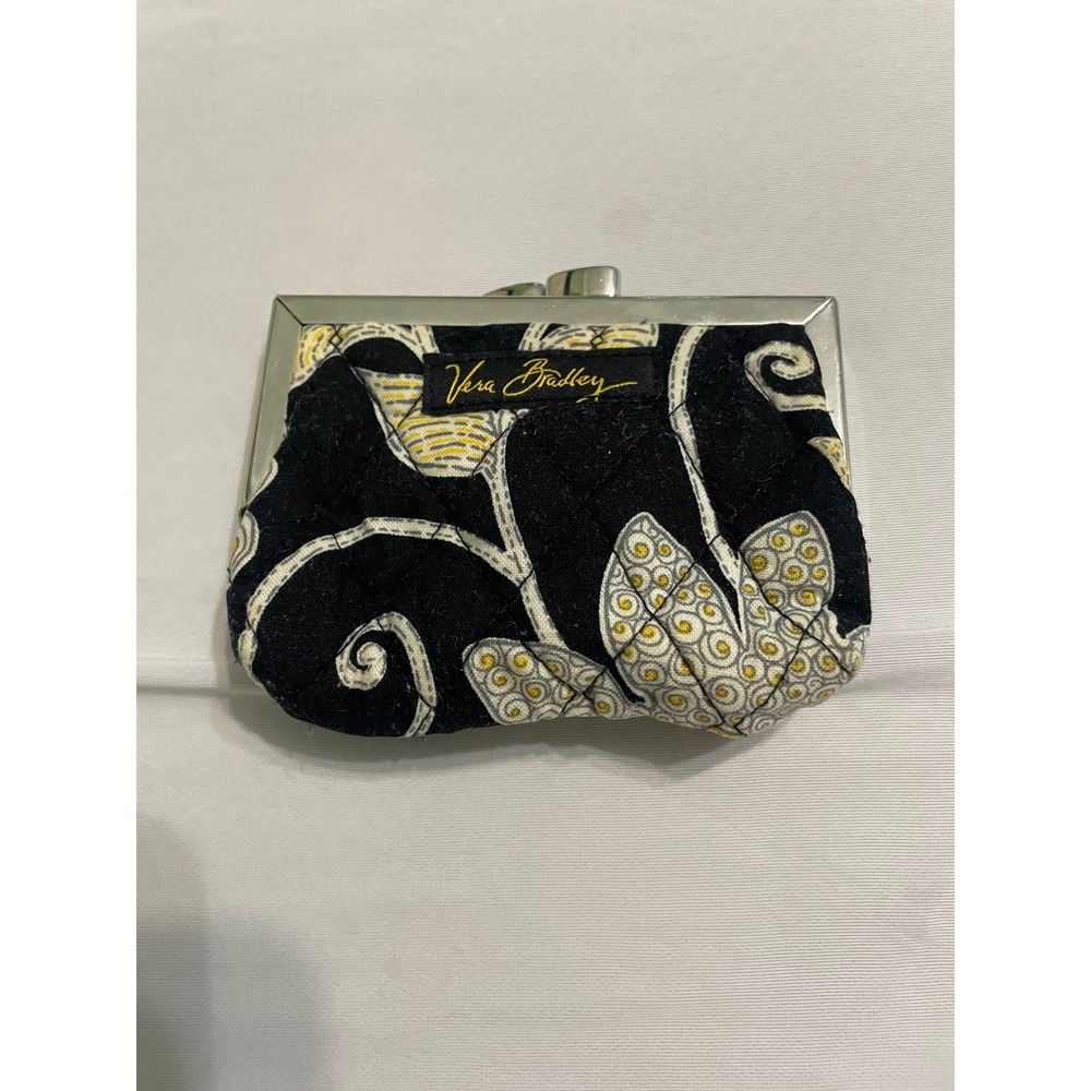 Vera Bradley Kisslock Coin Purse Black Floral Night Owl, 4" x 3 1/2"